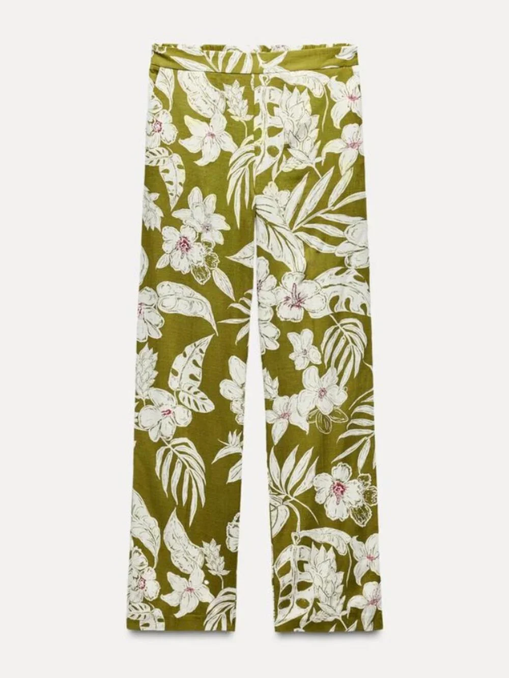 Zara Linen Blend Floral Print Pants Olive/Ecru Size Medium